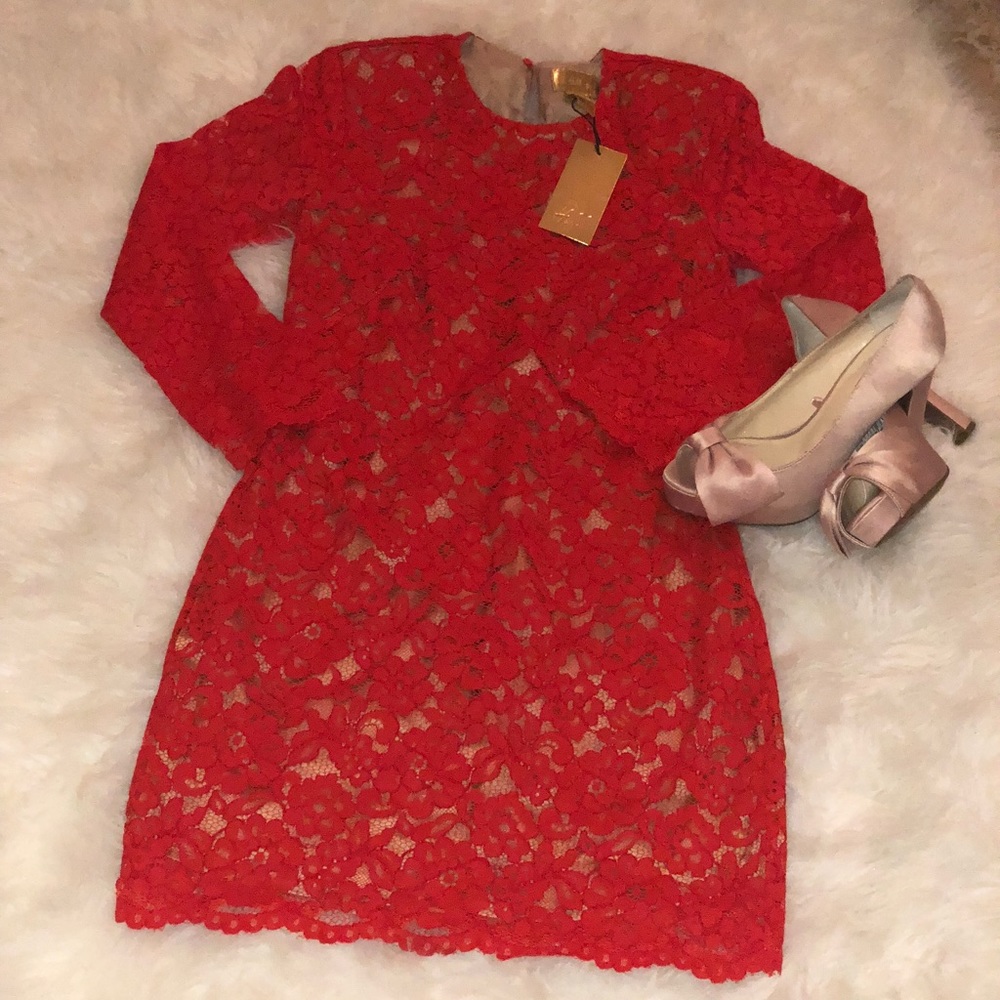 Red lace midi dress